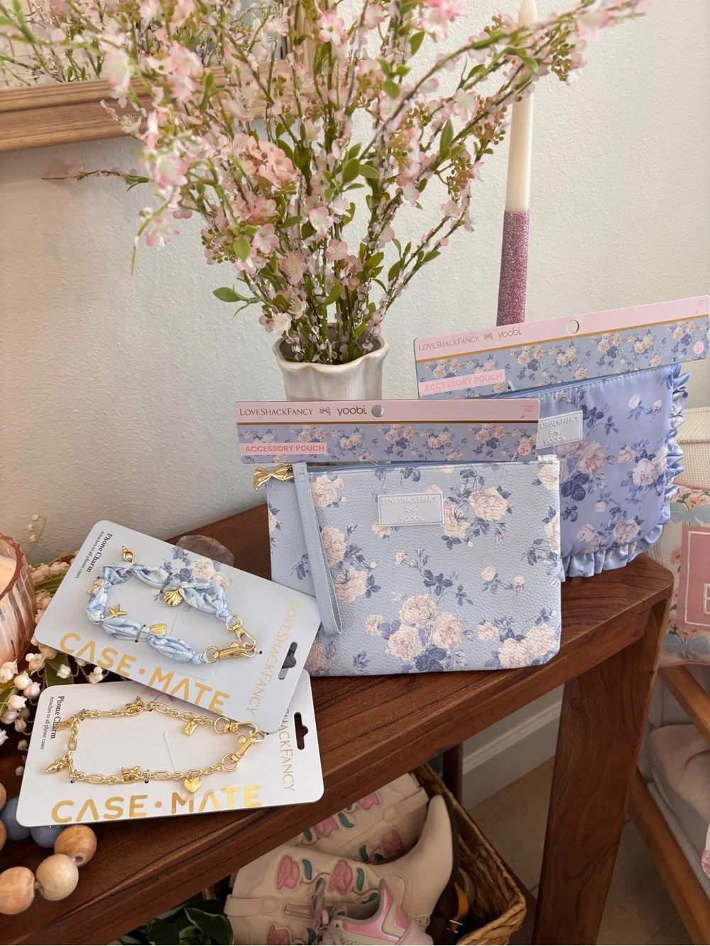 LoveShackFancy Lavender Floral Accessory Pouch and phone clips